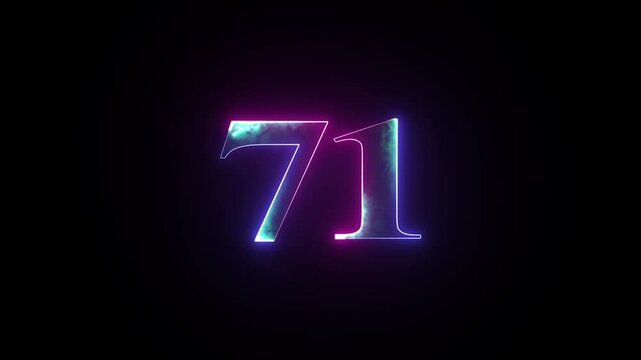 Abstract glowing neon number "71'' animation. Blue and purple neon futuristic effect. Trendy glow lighting