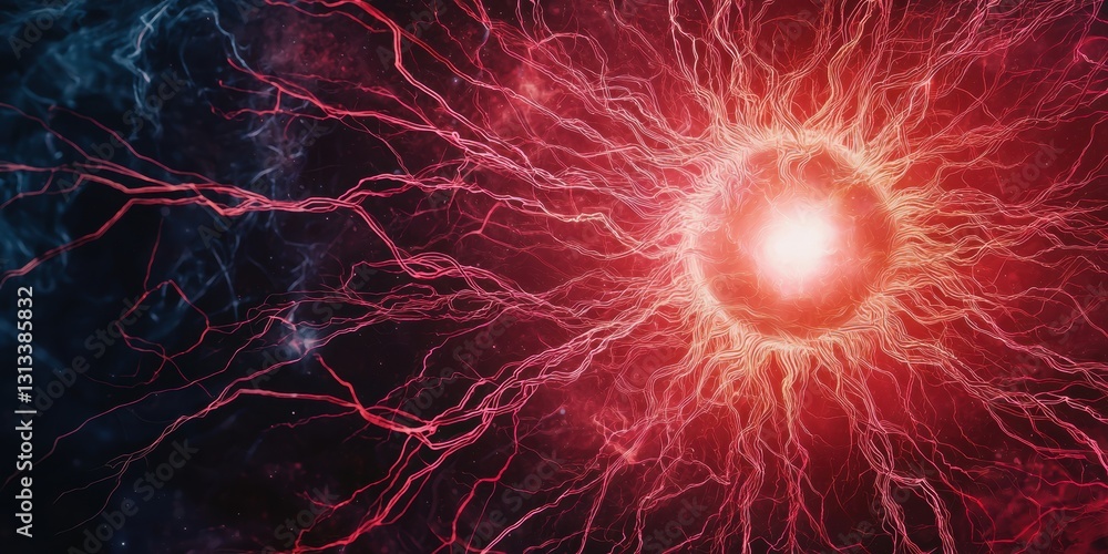Poster a vibrant depiction of a radiant energy source, surrounded by dynamic, luminescent tendrils, creatin