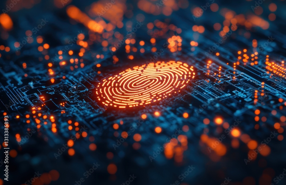 Poster abstract digital fingerprint on a futuristic circuit board background, representing biometric techno