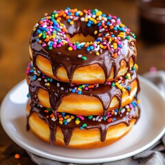 A tempting stack of three golden, fluffy donuts covered in rich chocolate glaze and topped with colorful sprinkles.