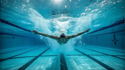 Swimmer butterfly stroke lap pool water droplets mid-splash Underwater perspective aqua-blue tones