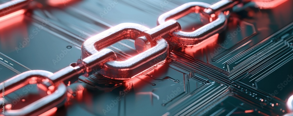 Aufkleber A close-up of interconnected metallic links on a circuit board, illuminated with a red glow, symbolizing technology and connectivity.