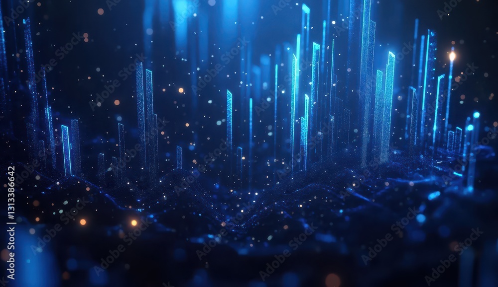 Aufkleber abstract digital landscape with glowing blue particles and vertical lines creating a futuristic and 