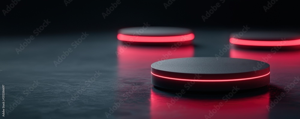 Aufkleber Three sleek, circular objects with glowing red edges are set against a dark background, creating a futuristic and minimalistic aesthetic.