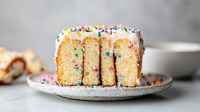 Sliced birthday or funfetti pound cake with frosting and sprinkles
