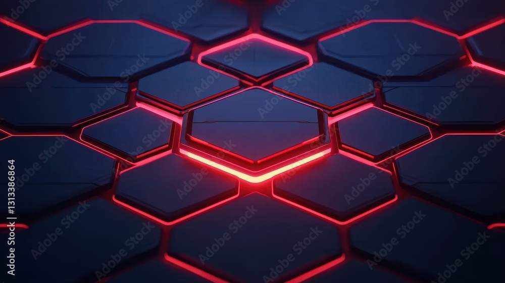 Poster A futuristic abstract pattern featuring hexagonal shapes illuminated by vibrant red lighting against a dark background.