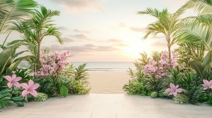 Fototapeta premium Tropical beach pathway with lush greenery and pink flowers leading to the ocean at sunset evokes a peaceful vacation getaway
