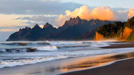Dramatic sunset over a rugged Pacific Coast beach.