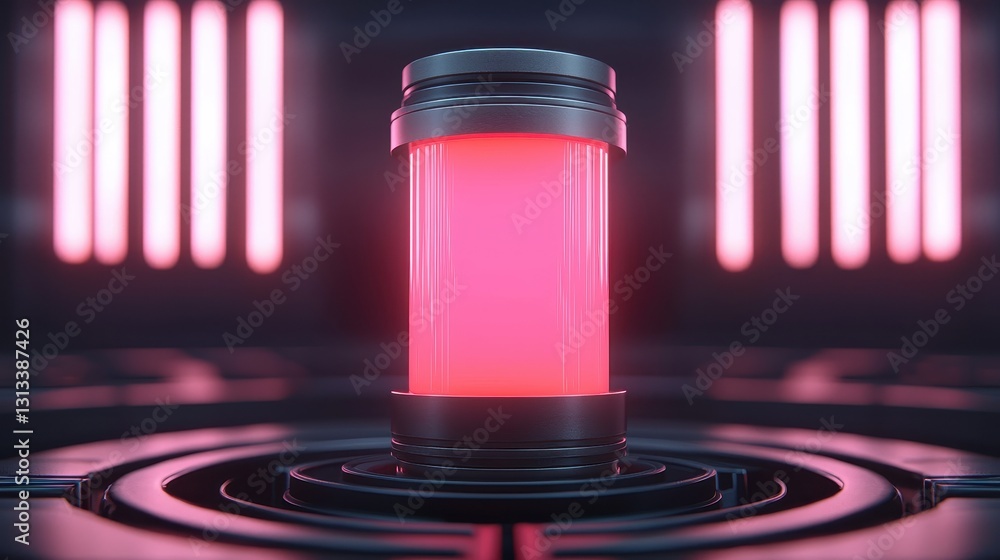 Poster A glowing pink cylindrical container is centered in a futuristic environment with neon lighting and metallic accents.