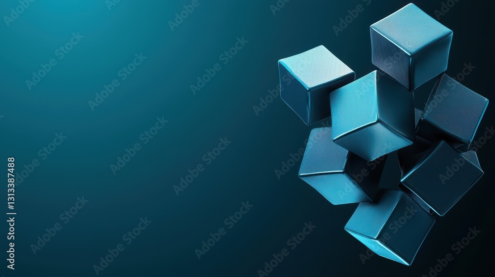Poster a collection of geometric cubes in varying shades of blue against a dark teal background, creating a