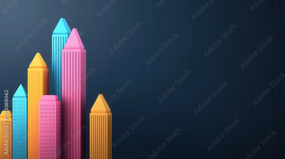 Aufkleber a vibrant, abstract representation of colorful skyscrapers with pointed tops set against a dark back