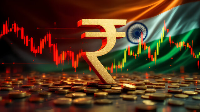 Indian rupee 3d symbol with down arrow against Indian flag. Reduced wages, cuts in social benefits. Cutting costs, saving. Capital outflow. Decrease in discount rate by national bank. Falling wages