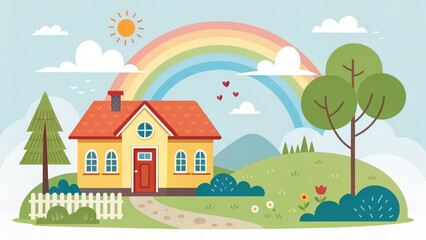 colorful cartoon house with rainbow, sun, and trees in serene landscape. cheerful scene features white fence, flowers, and rolling hills, evoking sense of happiness and tranquility