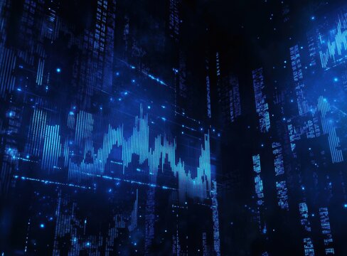 Abstract futuristic background with glowing blue data visualization, matrix effect, binary code, and dynamic chart elements for technology and finance themes
