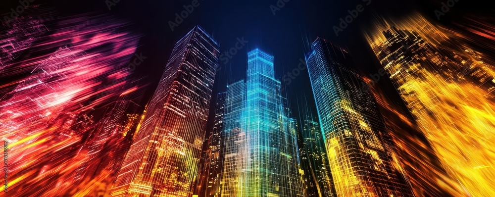 Poster a vibrant city skyline illuminated with colorful lights, creating a dynamic and energetic atmosphere
