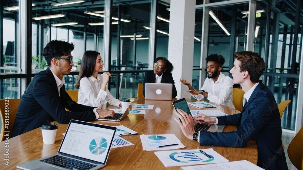 Poster diverse group of professionals engaged in collaborative business meeting in modern office setting, a