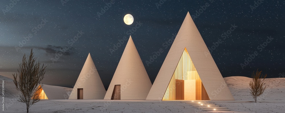 Poster a serene night scene featuring modern triangular structures illuminated under a glowing moon.