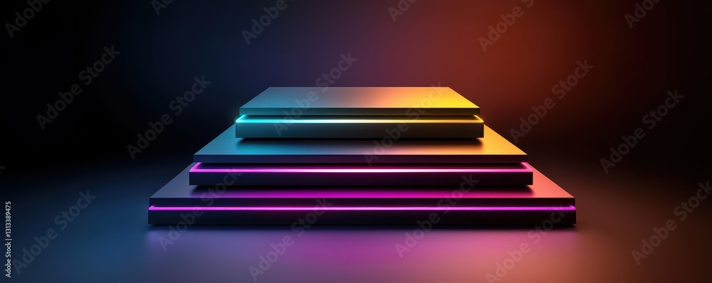Poster a vibrant, abstract composition featuring layered, glowing rectangular shapes with a gradient of col