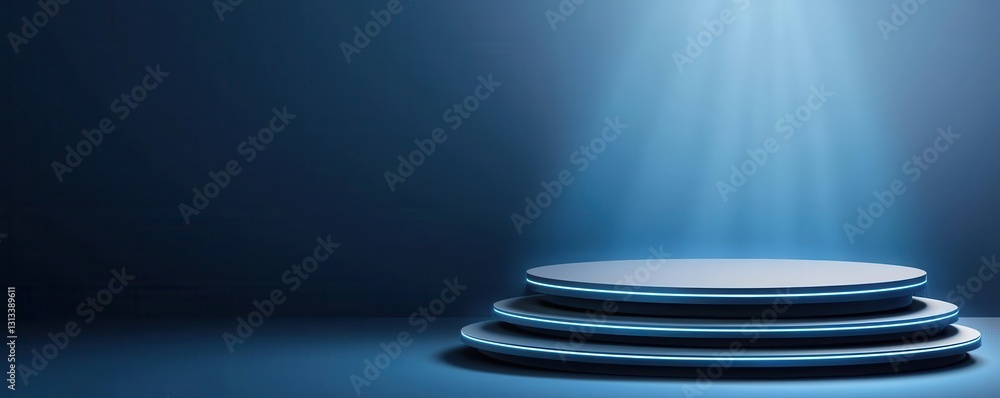 Poster a minimalist stage with circular platforms illuminated by a beam of light against a dark background,
