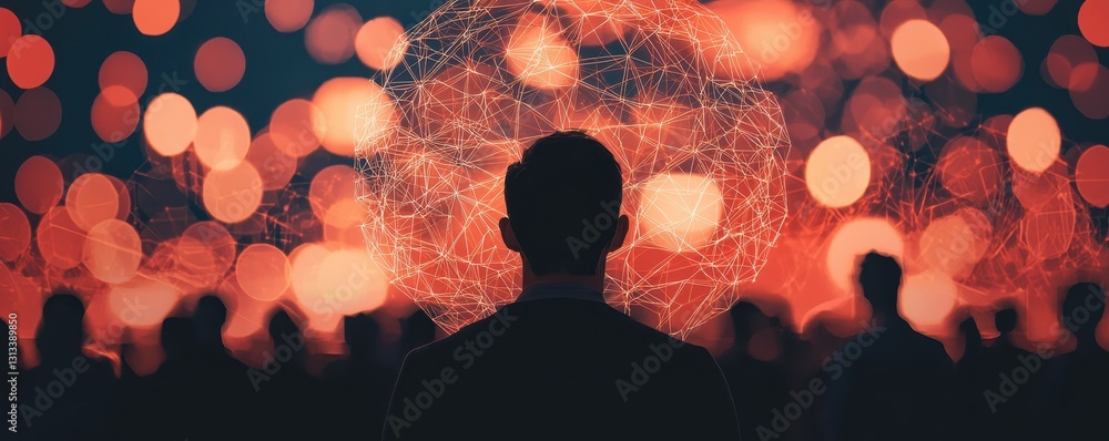 Poster a silhouette of a person stands before a vibrant, abstract backdrop of glowing orbs, creating a myst