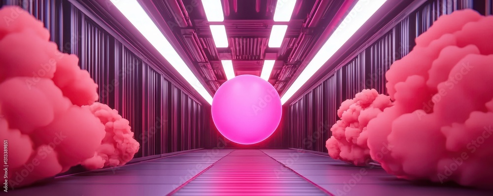 Poster a vibrant, futuristic scene featuring a large pink sphere surrounded by soft clouds and illuminated 