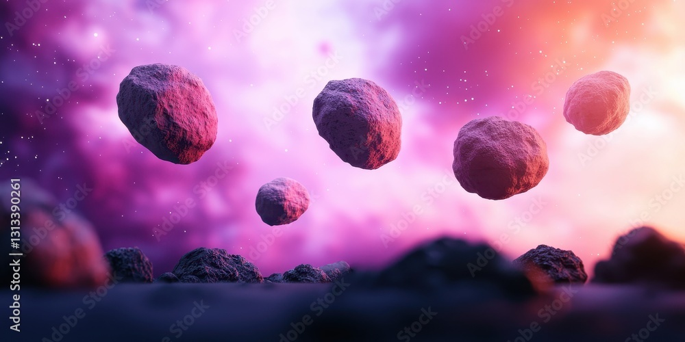 Poster A colorful cosmic scene showcasing floating asteroids against a vibrant nebula backdrop, evoking a sense of wonder and exploration.