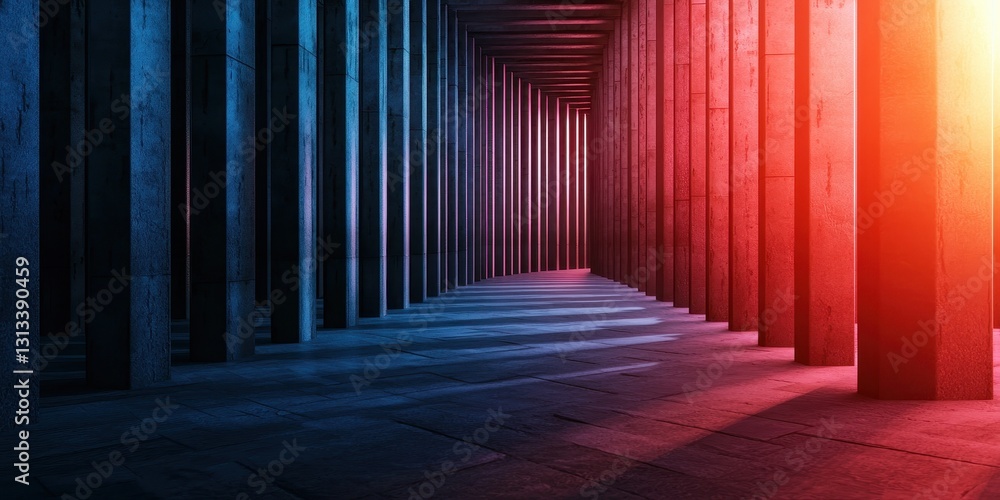 Aufkleber a vibrant corridor with illuminated columns, merging blue and red hues, creating a striking depth an