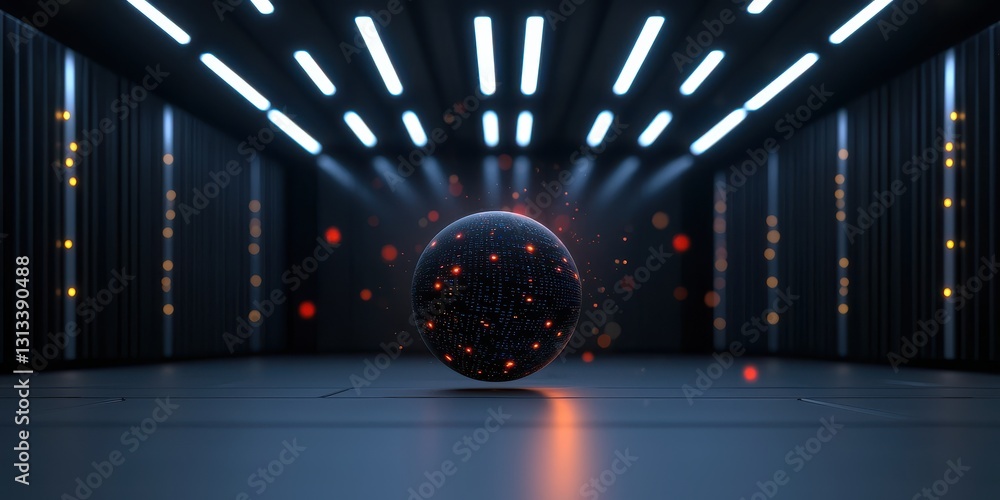 Poster a futuristic scene featuring a glowing orb in a dark, high-tech environment, illuminated by sleek, l