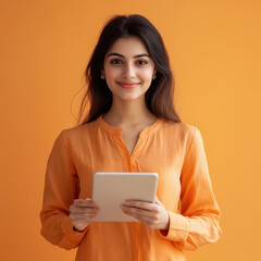 Fototapeta premium young indian woman holding tablet on orange background