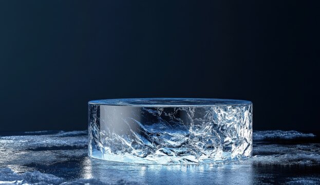 Crystal Clear Ice Block on Dark Surface with Subtle Reflections, Capturing the Essence of Coldness and Purity in a Minimalist Aesthetic Setting