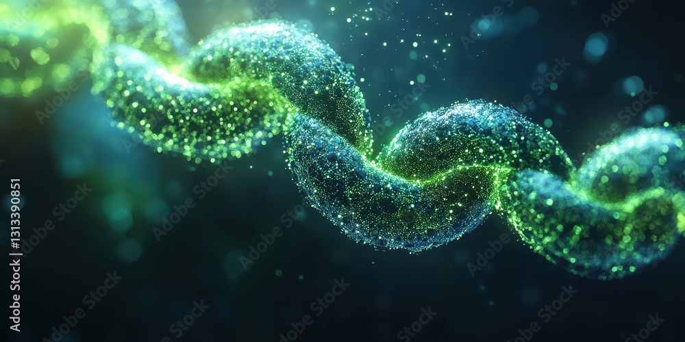 Poster abstract representation of a glowing chain or strand composed of luminous particles in green and blu