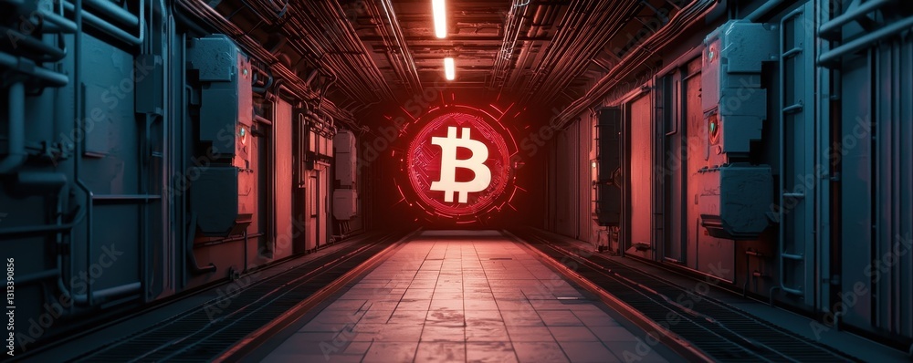 Poster a futuristic corridor featuring a glowing bitcoin symbol, illuminated with red lights, suggesting th