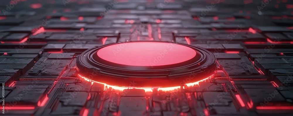 Poster a futuristic platform with a glowing red circular element, set against a dark, textured surface, cre
