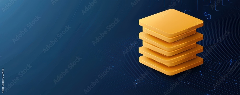 Poster A stack of yellow geometric shapes on a dark blue background, representing concepts of layering or organization in design.