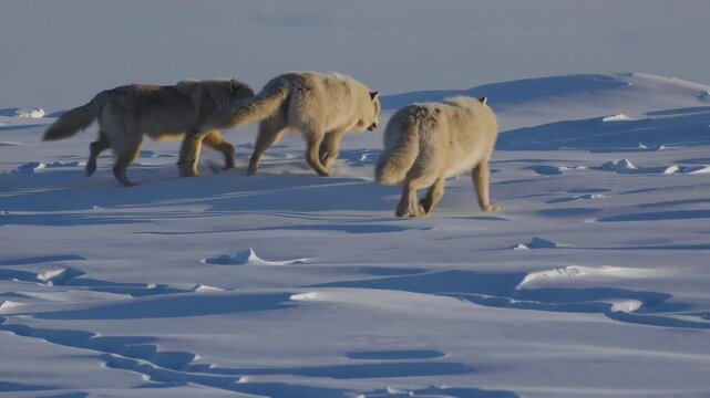 Arctic wolves howling and running in snowy landscape