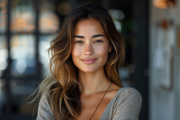 Obraz premium Portrait of a beautiful young woman smiling and looking at camera. Woman portrait