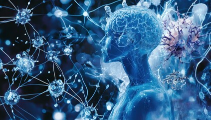 Abstract representation of human brain connected with neural networks and cells illustrating concepts of intelligence, technology, and biological science in blue tones