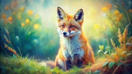 Fototapeta premium Tilt-Shift Watercolor Fox in Nature: Gentle Tones Wildlife Art
