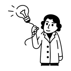 Scientist holding a lightbulb balloon, doodle character ideas
