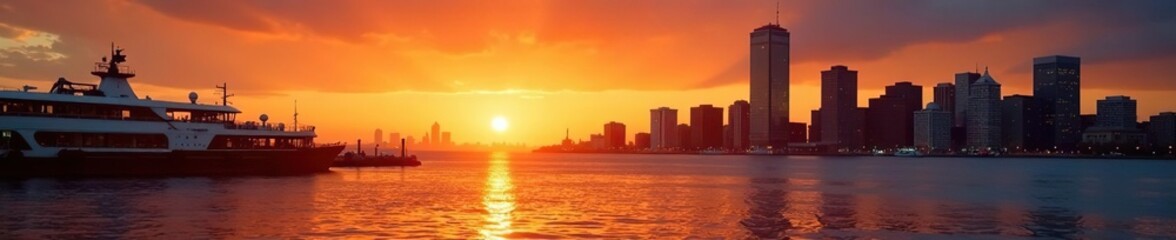 Naklejka premium Golden hour light on Boston Harbor, cityscape silhouette , atmospheric, evening, shadow