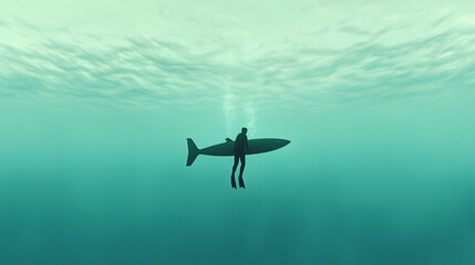 Fototapeta premium Underwater Diver and Large Fish in Teal Water Low Polygonal Style