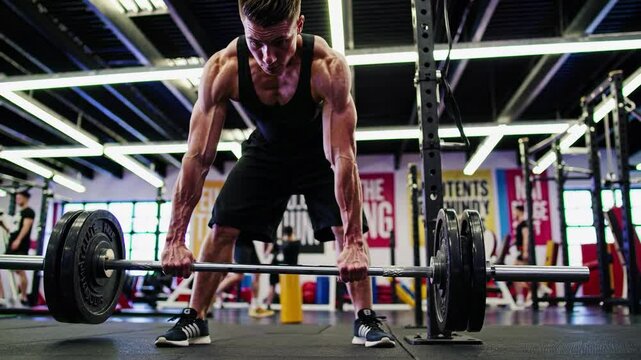 Muscular Male Athlete Engaged in Intense Weightlifting Exercise in a Modern Gym During Early Morning Workout Session