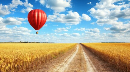 Fototapeta premium Soaring adventures a red hot air balloon gracefully adrift over an endless expanse of ripe wheat fields under a vast and vibrant blue canvas