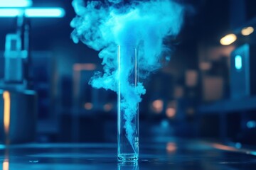 Fototapeta premium Blue smoke billows from a glass cylinder in a lab. Ideal for science, chemistry, or experimental concepts.