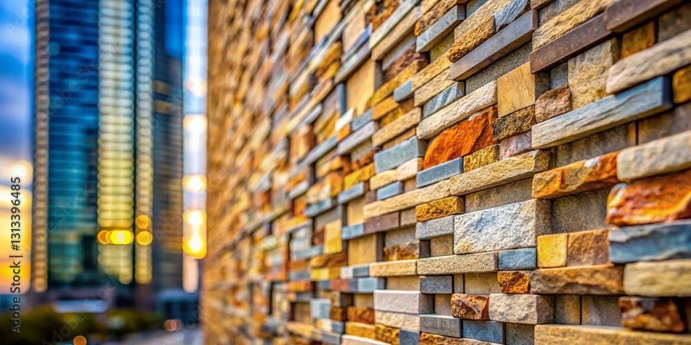 Poster vertical stone skyscraper facade texture close-up with bokeh background