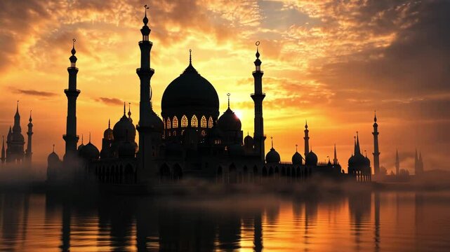 Islamic events like Eid ul Adha, ei al fitr , Mosque of Muslim. Crescent on copper covered dome and minaret of mosque against blue sky. Symbol of Islam and Ramadan 4k 10 looping video