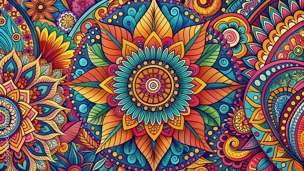 Poster vibrant boho abstract print design: right-aligned composition with copy space