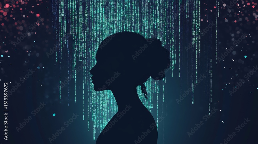 Poster silhouette of woman against colorful binary code background