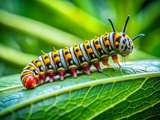 Naklejka premium Vibrant Caterpillar on Lush Green Leaf - Butterfly Larva in Nature
