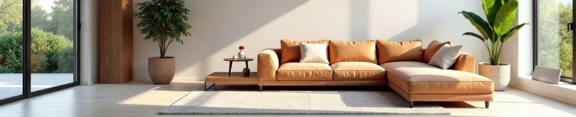 Minimalist living room with sleek sofa, geometric rug, lines, minimalist